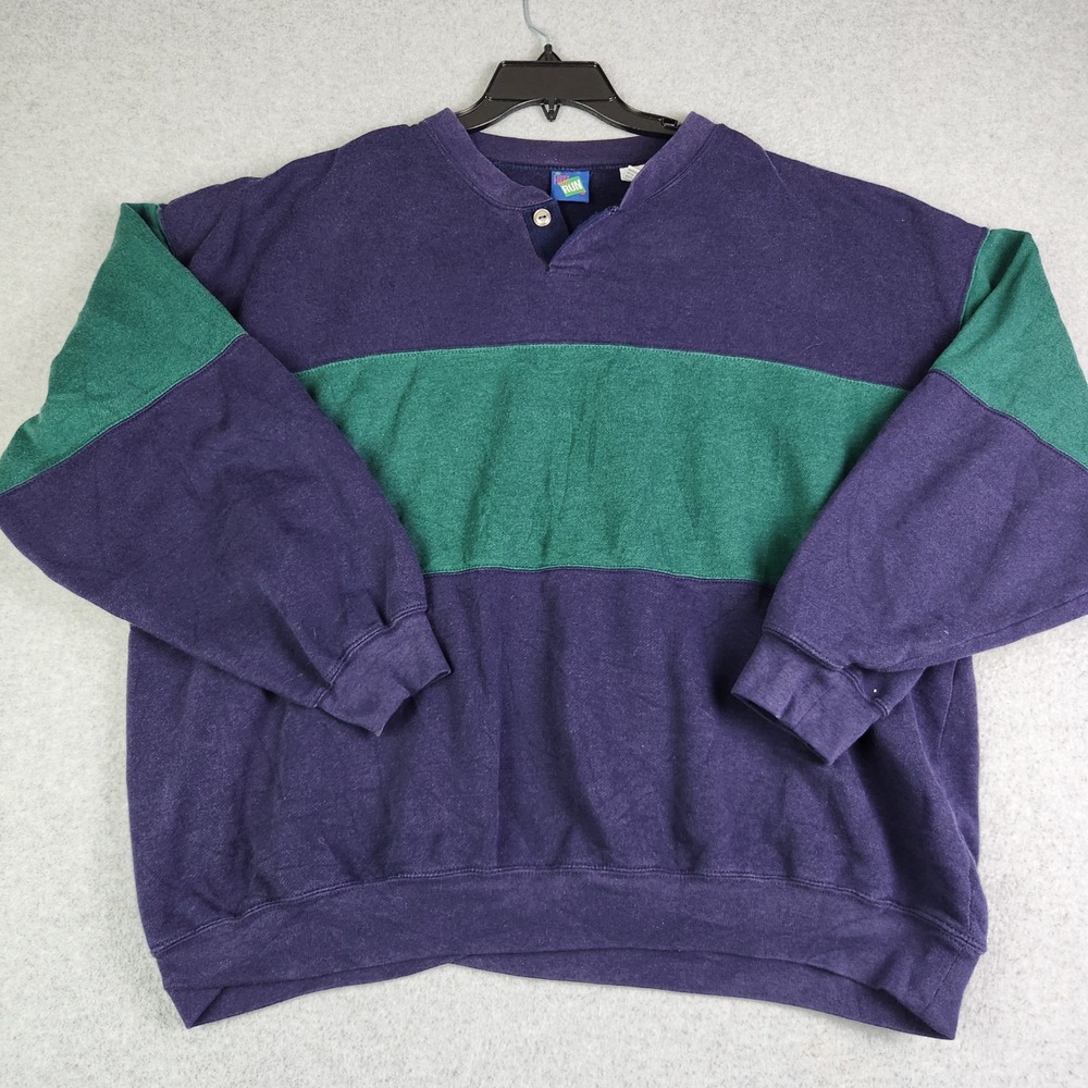 First Run Sweatshirt Mens XXL Purple Green‎ Colorblock Henley Oversized Fit